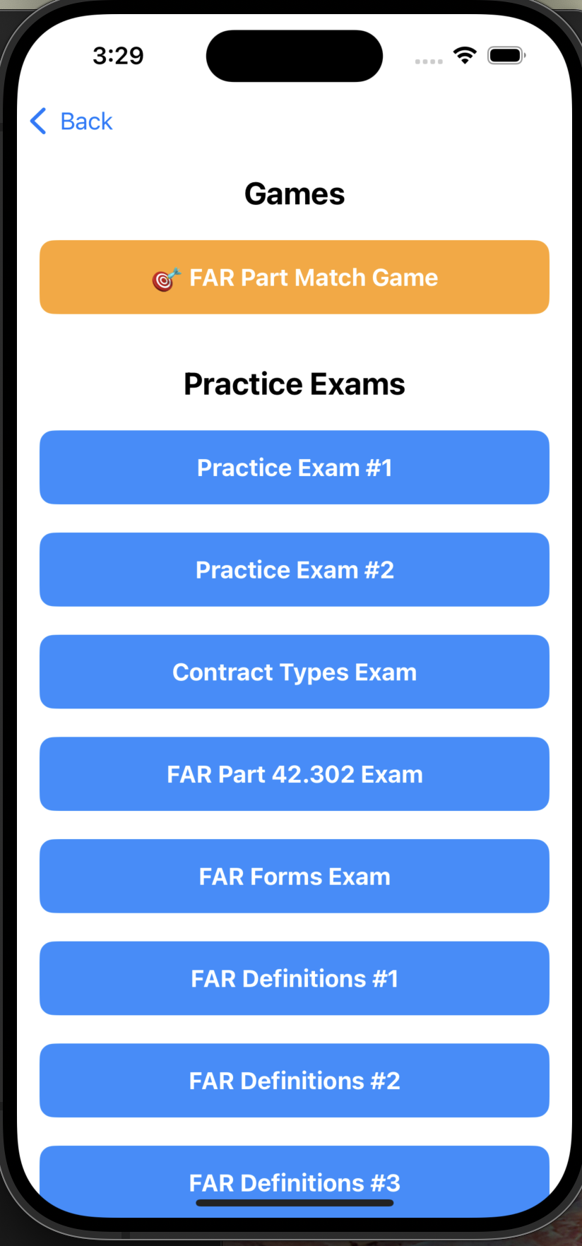 Games and Practice Exam Menu